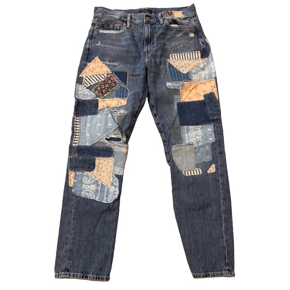 Polo Ralph Lauren Womens 26 Avery Boyfriend Blue Jeans Cottagecore Patchwork - Picture 1 of 13